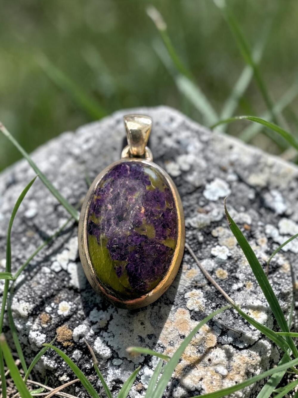 Vintage Sterling Silver Oval Stichtite Cabochon Pendant Purple and Green Mottled